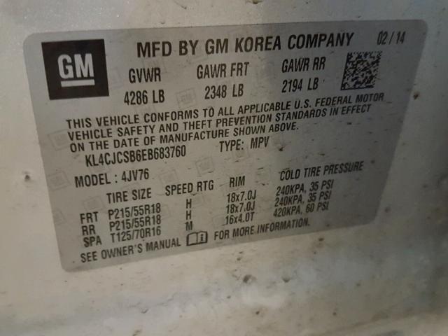 KL4CJCSB6EB683760 - 2014 BUICK ENCORE SILVER photo 10