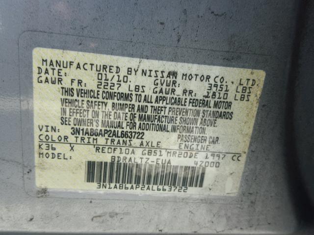 3N1AB6AP2AL663722 - 2010 NISSAN SENTRA 2.0 GRAY photo 10