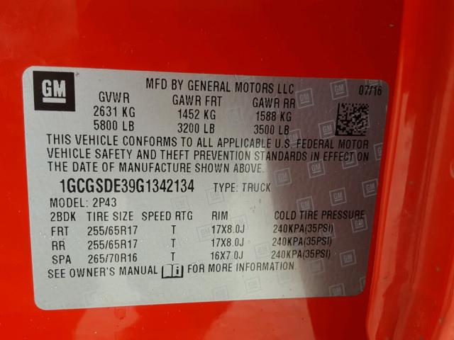 1GCGSDE39G1342134 - 2016 CHEVROLET COLORADO Z RED photo 10