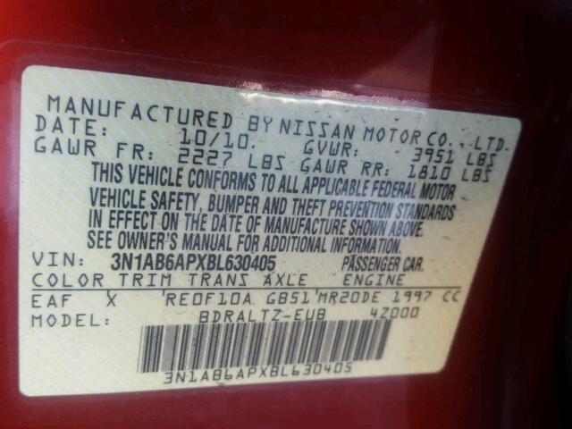 3N1AB6APXBL630405 - 2011 NISSAN SENTRA 2.0 RED photo 10