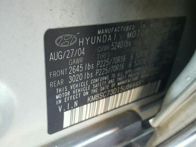 KM8SC73D15U866695 - 2005 HYUNDAI SANTA FE G SILVER photo 10