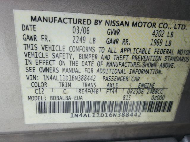 1N4AL11D16N388442 - 2006 NISSAN ALTIMA S BEIGE photo 10