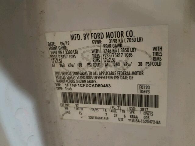 1FTNF1CFXCKD80483 - 2012 FORD F150 WHITE photo 10