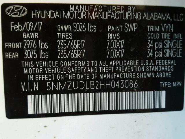 5NMZUDLB2HH043086 - 2017 HYUNDAI SANTA FE S 白色 照片 10