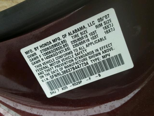 5FNRL38637B447734 - 2007 HONDA ODYSSEY EX BURGUNDY photo 10