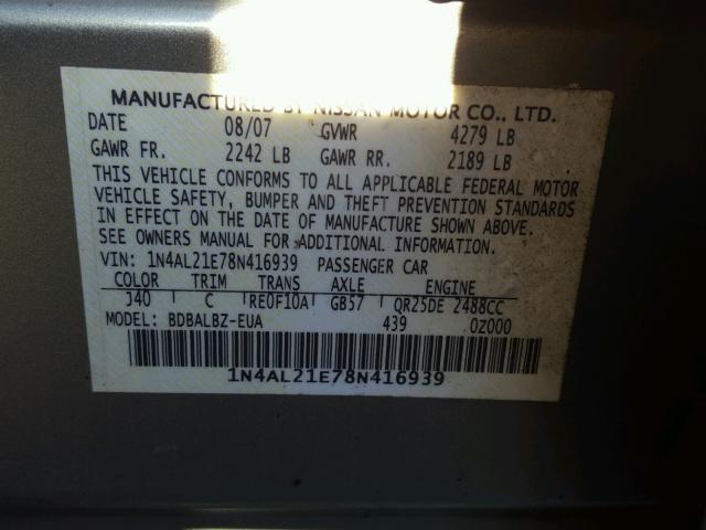 1N4AL21E78N416939 - 2008 NISSAN ALTIMA 2.5 GREEN photo 10