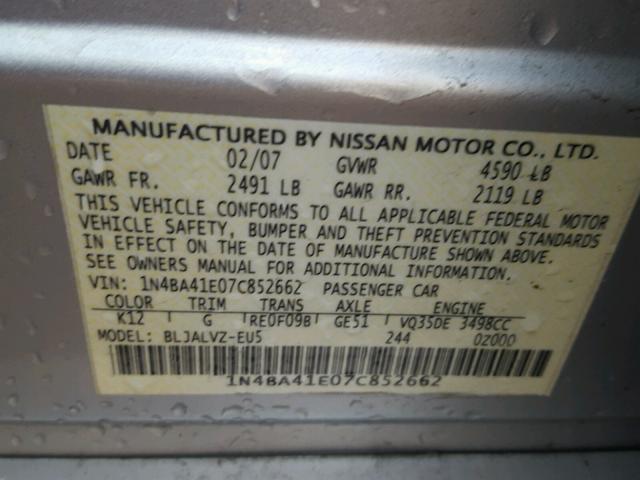 1N4BA41E07C852662 - 2007 NISSAN MAXIMA SE SILVER photo 10