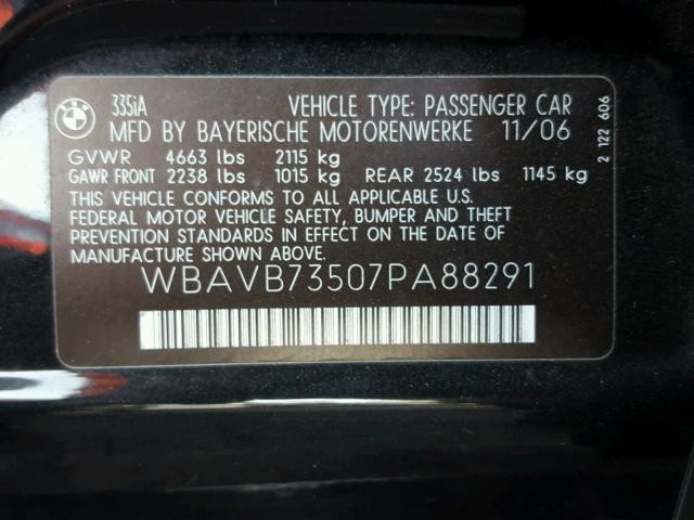 WBAVB73507PA88291 - 2007 BMW 335 I BLACK photo 10