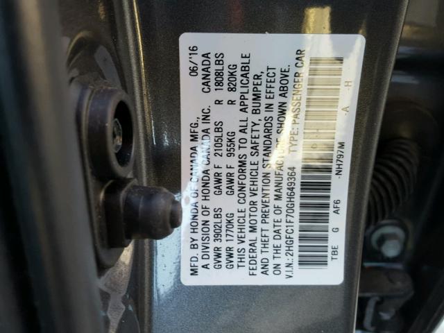 2HGFC1F70GH649364 - 2016 HONDA CIVIC EXL GRAY photo 10