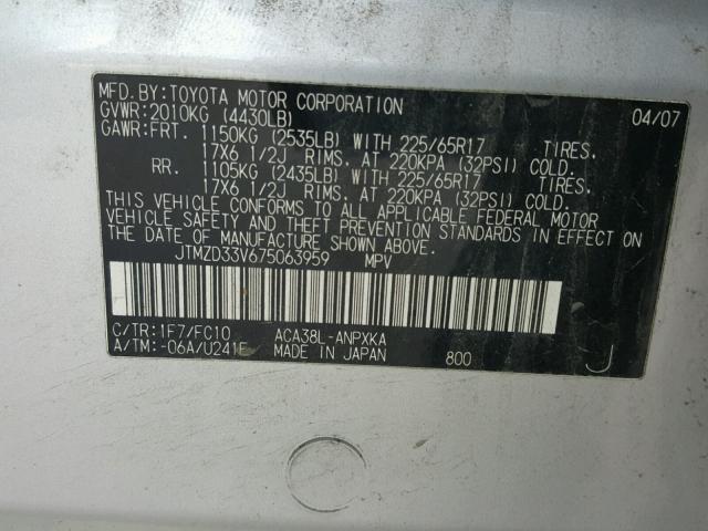 JTMZD33V675063959 - 2007 TOYOTA RAV4 SILVER photo 10