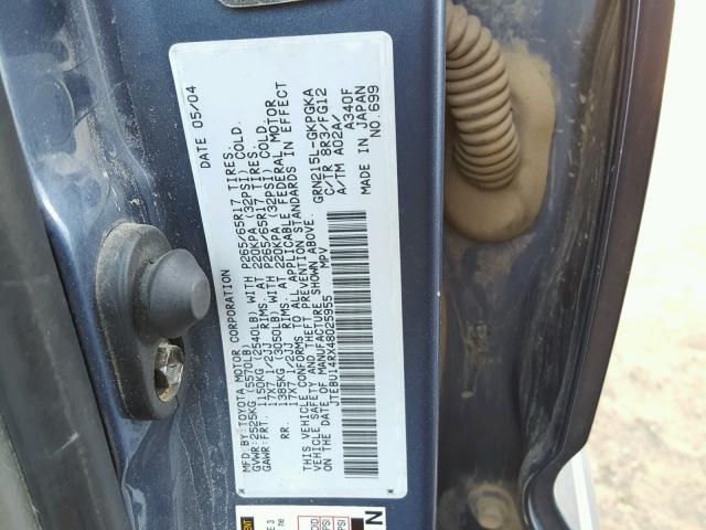 JTEBU14RX48025955 - 2004 TOYOTA 4RUNNER SR BLUE photo 10