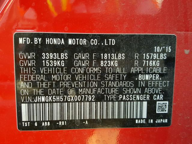JHMGK5H57GX007792 - 2016 HONDA FIT LX أحمر صورة 10
