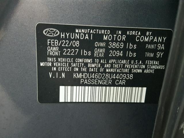 KMHDU46D28U440938 - 2008 HYUNDAI ELANTRA GL GRAY photo 10