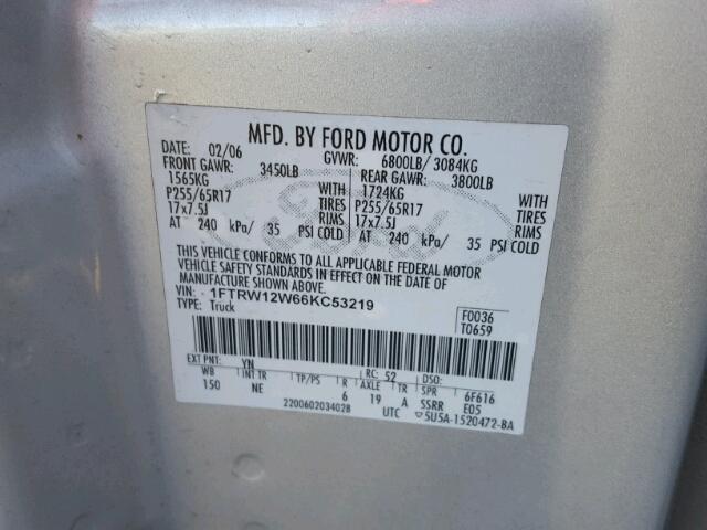 1FTRW12W66KC53219 - 2006 FORD F150 SUPER SILVER photo 10