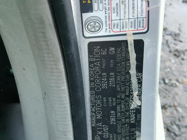 KNAFE122275428890 - 2007 KIA SPECTRA EX SILVER photo 10