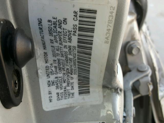 5Y2SL63885Z402758 - 2005 PONTIAC VIBE SILVER photo 10