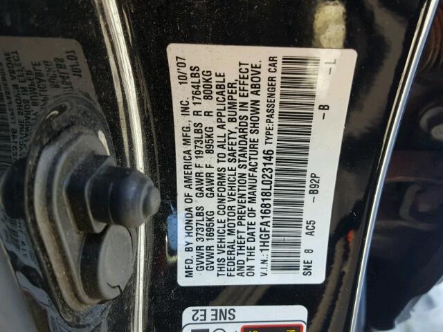 1HGFA16818L023146 - 2008 HONDA CIVIC EX შავი ფოტო 10