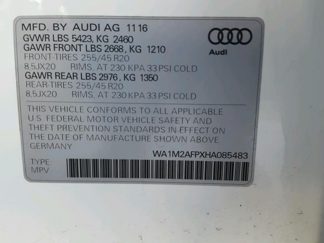 WA1M2AFPXHA085483 - 2017 AUDI Q5 PREMIUM WHITE photo 10