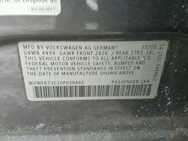 WVWEK73C26P038862 - 2006 VOLKSWAGEN PASSAT 2.0 GRAY photo 10