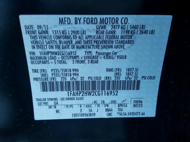 1FAHP2HW2CG116952 - 2012 FORD TAURUS SEL BLACK photo 10