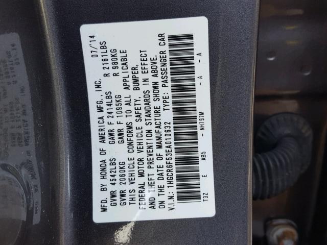 1HGCR6F53EA010632 - 2014 HONDA ACCORD HYB GRAY photo 10