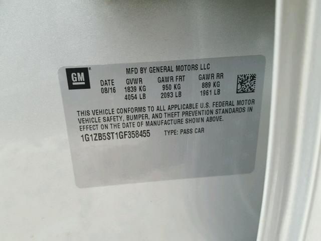 1G1ZB5ST1GF358455 - 2016 CHEVROLET MALIBU LS ვერცხლისფერი ფოტო 10