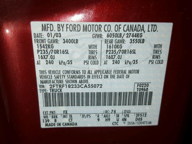 2FTRF18233CA55072 - 2003 FORD F150 RED photo 10