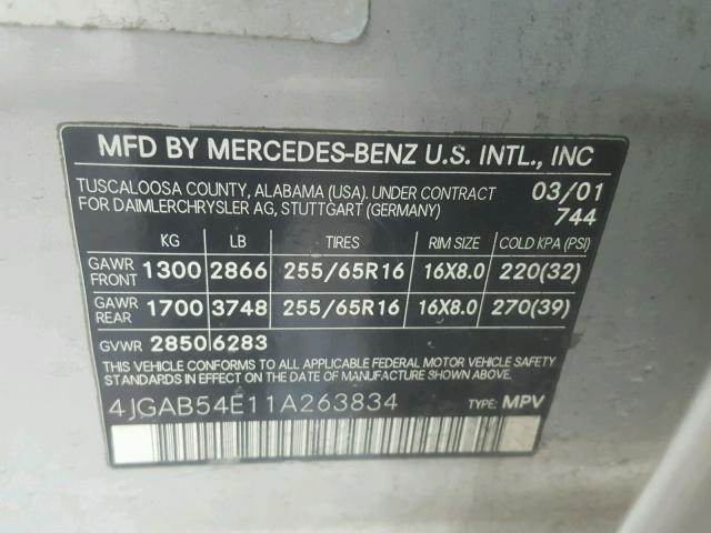 4JGAB54E11A263834 - 2001 MERCEDES-BENZ ML 320 SILVER photo 10