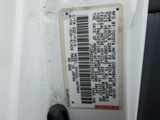 JT2BG22K010553367 - 2001 TOYOTA CAMRY CE WHITE photo 10