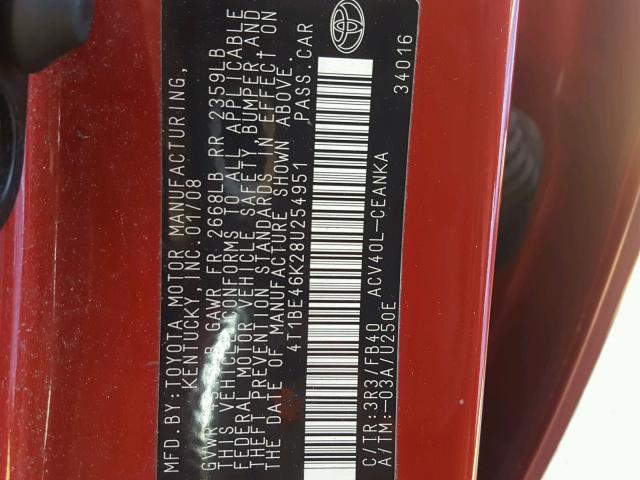 4T1BE46K28U254951 - 2008 TOYOTA CAMRY CE RED photo 10