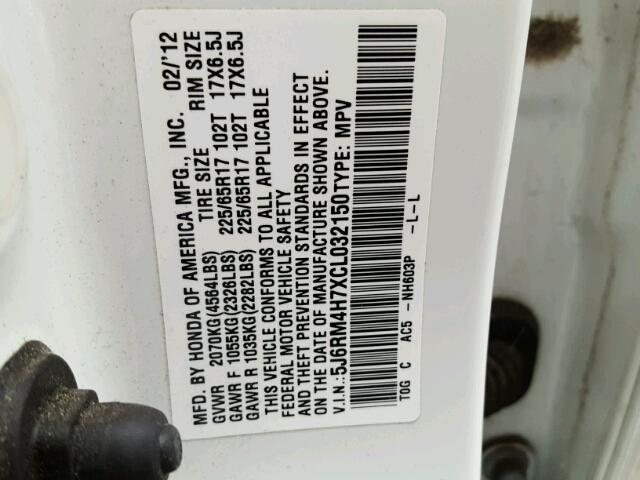 5J6RM4H7XCL032150 - 2012 HONDA CR-V EXL WHITE photo 10