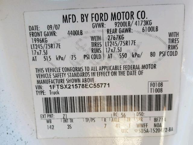 1FTSX21578EC55771 - 2008 FORD F250 SUPER WHITE photo 10