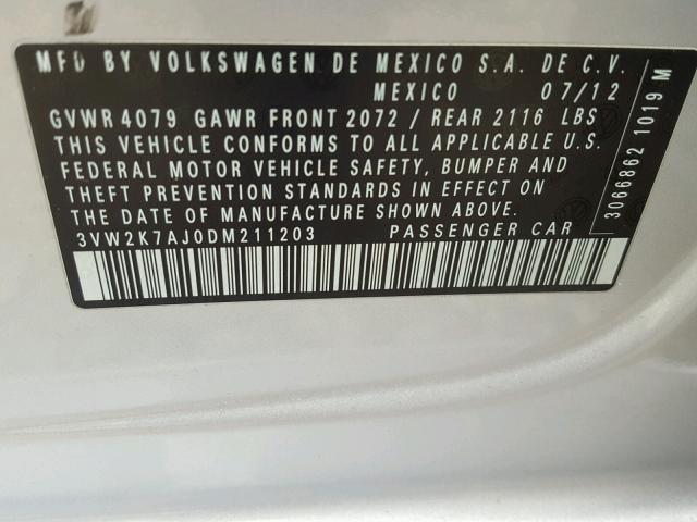 3VW2K7AJ0DM211203 - 2013 VOLKSWAGEN JETTA BASE 银色 照片 10