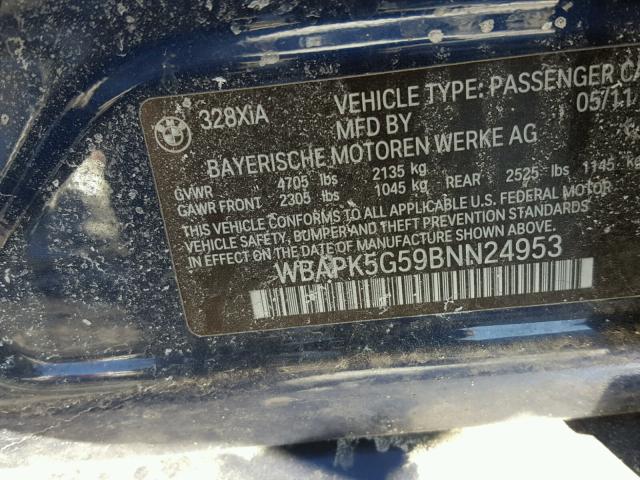 WBAPK5G59BNN24953 - 2011 BMW 328 XI SUL BLUE photo 10