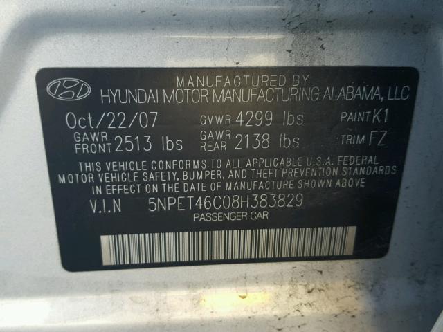 5NPET46C08H383829 - 2008 HYUNDAI SONATA GLS SILVER photo 10