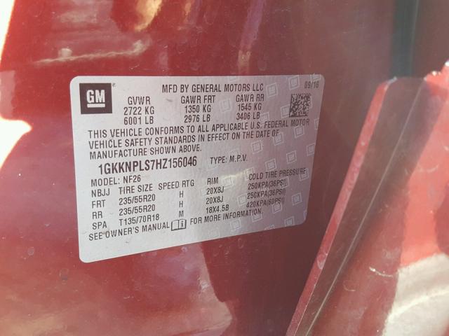 1GKKNPLS7HZ156046 - 2017 GMC ACADIA DEN RED photo 10