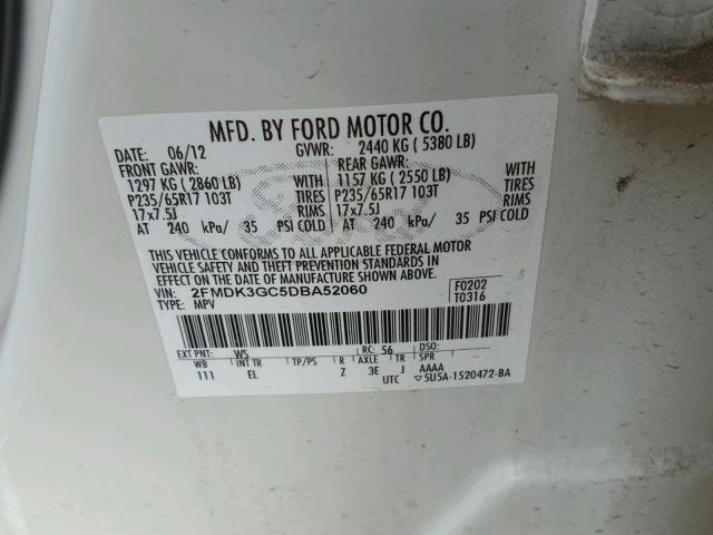 2FMDK3GC5DBA52060 - 2013 FORD EDGE SE WHITE photo 10