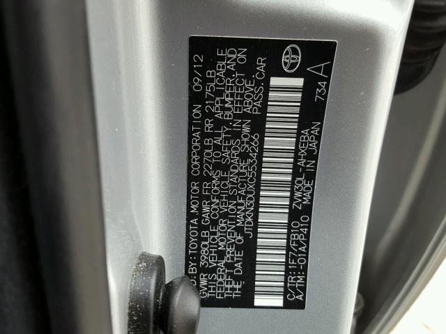 JTDKN3DUXC5534266 - 2012 TOYOTA PRIUS SILVER photo 10