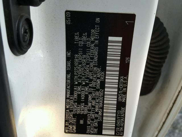 5TFRM5F18AX001852 - 2010 TOYOTA TUNDRA DOU WHITE photo 10