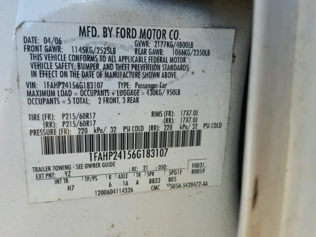 1FAHP24156G183107 - 2006 FORD FIVE HUNDR WHITE photo 10