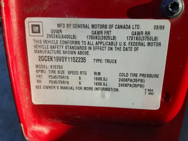 2GCEK19V0Y1152235 - 2000 CHEVROLET SILVERADO RED photo 10