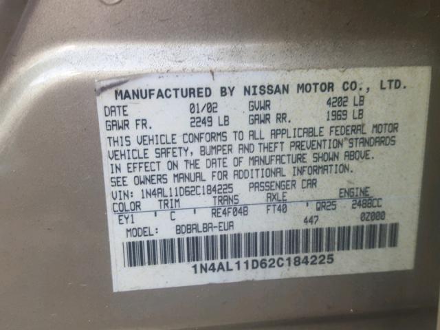 1N4AL11D62C184225 - 2002 NISSAN ALTIMA BAS GOLD photo 10