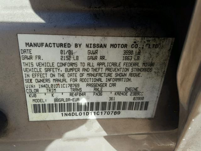 1N4DL01D11C170769 - 2001 NISSAN ALTIMA XE GRAY photo 10