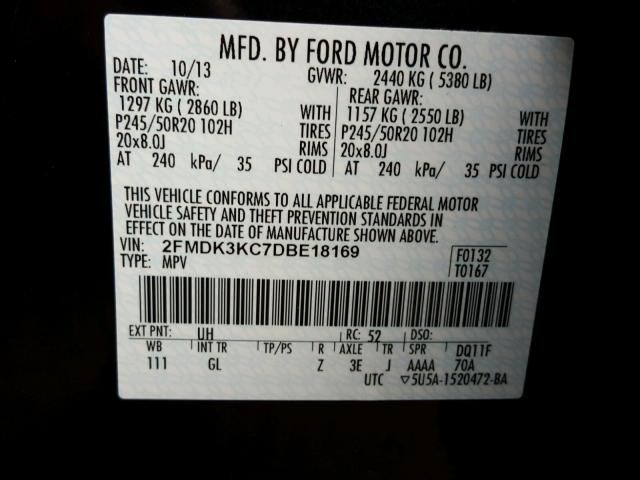 2FMDK3KC7DBE18169 - 2013 FORD EDGE LIMIT BLACK photo 10