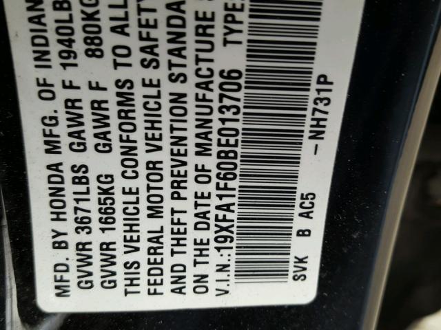 19XFA1F60BE013706 - 2011 HONDA CIVIC LX-S Schwarz Foto 10