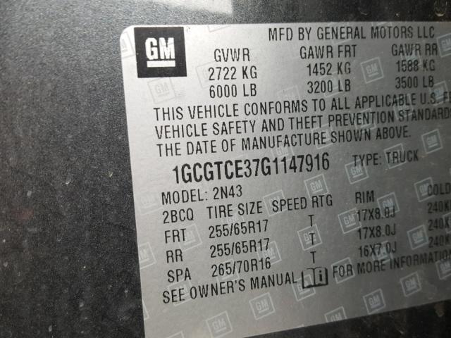 1GCGTCE37G1147916 - 2016 CHEVROLET COLORADO L CHARCOAL photo 10