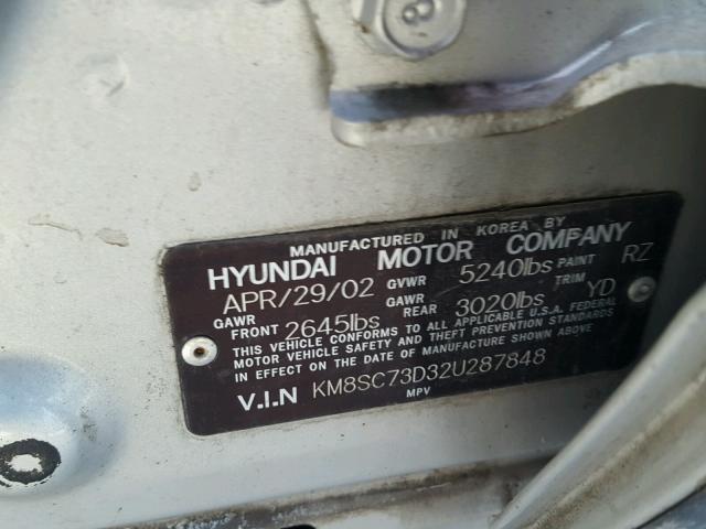 KM8SC73D32U287848 - 2002 HYUNDAI SANTA FE G SILVER photo 10