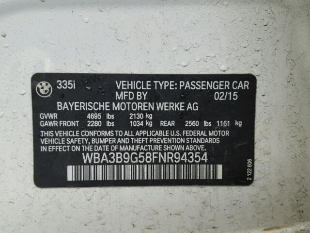 WBA3B9G58FNR94354 - 2015 BMW 335 XI WHITE photo 10