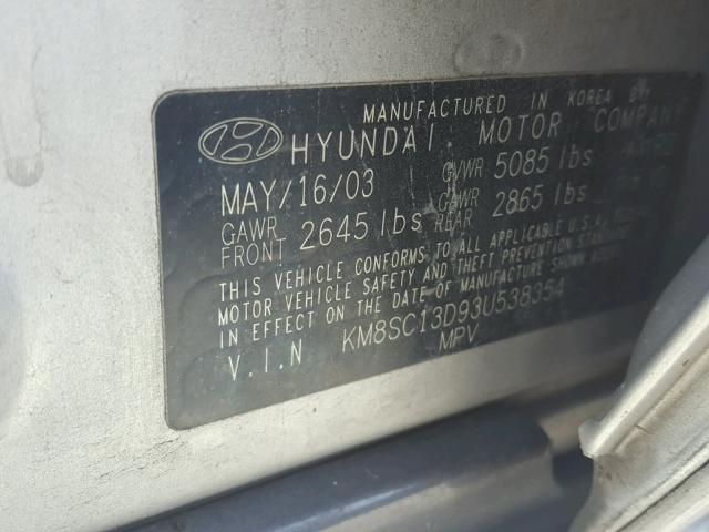 KM8SC13D93U538354 - 2003 HYUNDAI SANTA FE G SILVER photo 10