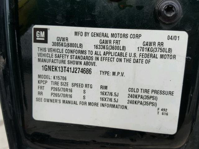 1GNEK13T41J274686 - 2001 CHEVROLET TAHOE K150 GREEN photo 10